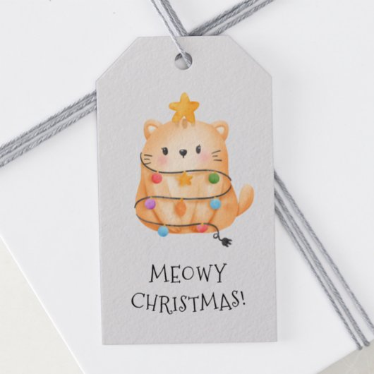 Funny Cat Meowy kerstboomverlichting Waterverf Cadeaulabel