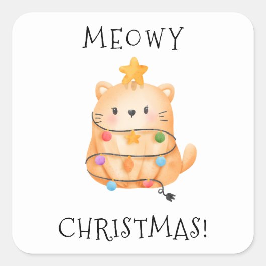 Funny Cat Meowy kerstboomverlichting Waterverf Vierkante Sticker (Voorkant)