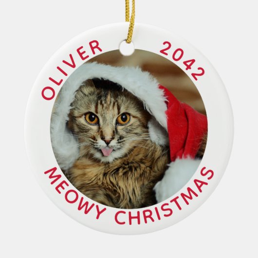 Funny Cat Meowy kerstfoto Keramisch Ornament (Voorkant)
