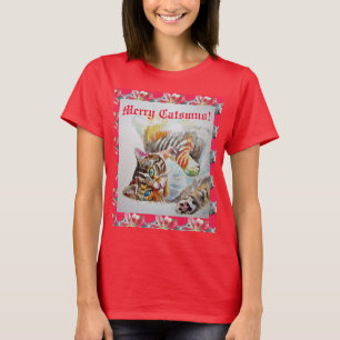 Funny Cat Merry cats met Kerstmis Red Womens T Shi T-shirt