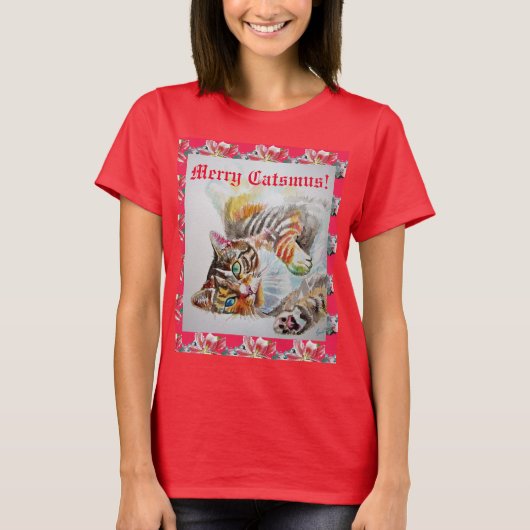Funny Cat Merry cats met Kerstmis Red Womens T Shi T-shirt (Voorkant)