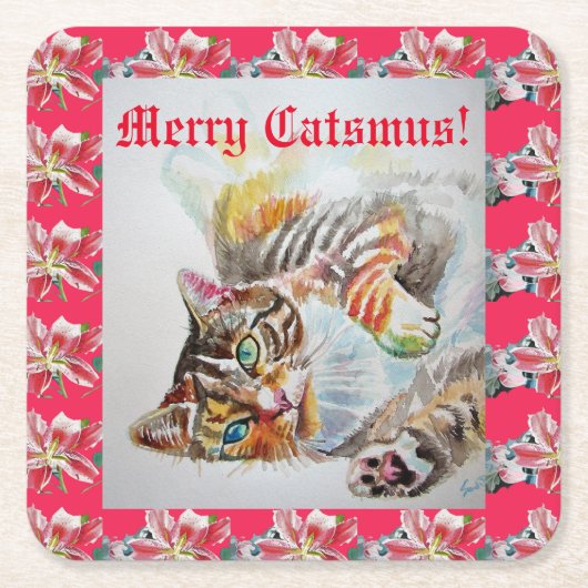 Funny Cat Merry cats Onderzetters met Kerstmis Roo (Voorkant)