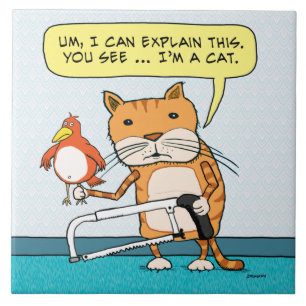 Funny Cat met Bird en Hackzaag Tegeltje