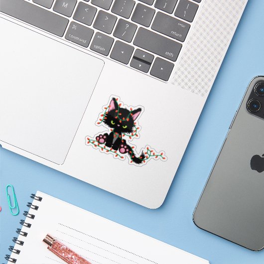 Funny Cat met kerstversiering Sticker (Laptop met iPhone)