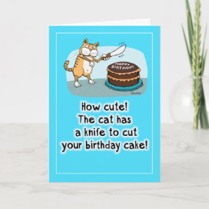 Funny Cat met Knife Birthday Card Kaart
