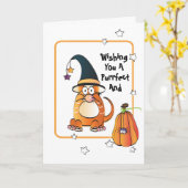 Funny Cat met Witch's Pet Halloween Kaart (Gele Bloem)