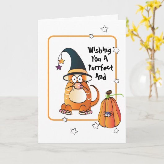 Funny Cat met Witch's Pet Halloween Kaart (Gele Bloem)