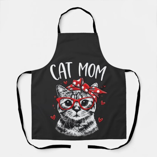 Funny Cat Mom with Glasses & Bandana Black Kitchen Schort (Voorkant)
