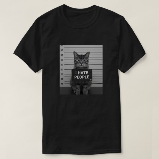 Funny Cat Mugshot “I Hate People” tshirt (Design voorkant)