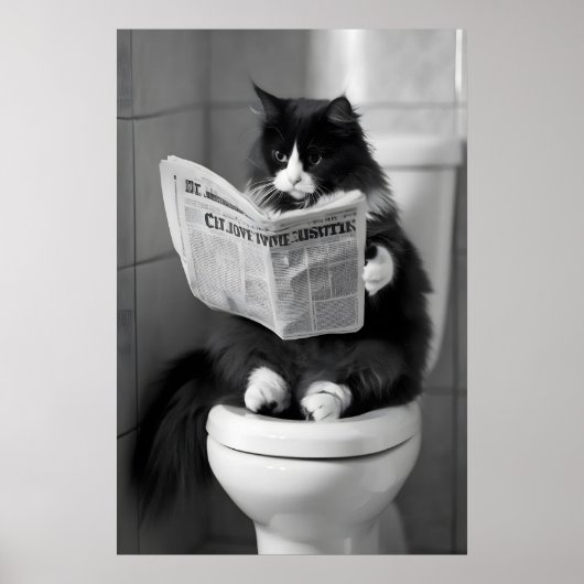 Funny Cat Newspaper Print, Whimsical Bathroom Wall Poster (Voorkant)