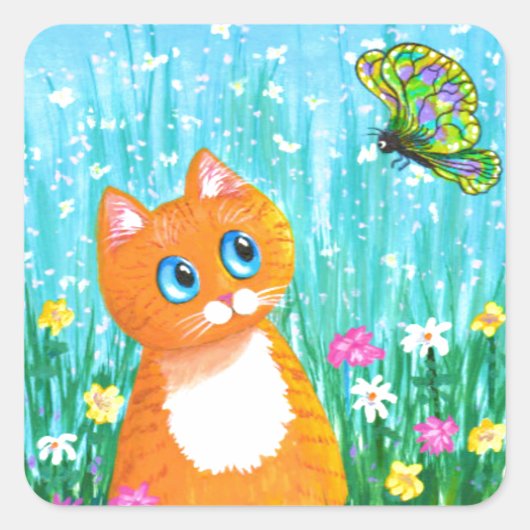 Funny Cat Oranje Tabby Butterfly Summer Vierkante Sticker (Voorkant)