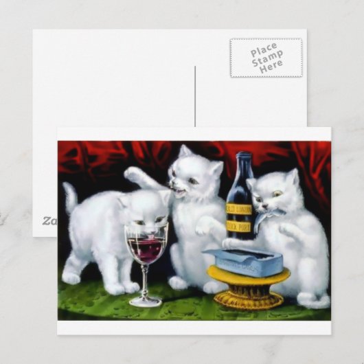 Funny  Cat Party met wijn en sardines Briefkaart (Voorkant / Achterkant)