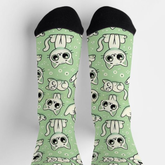 Funny Cat Pattern Sokken - Lichtgroen & Wit (Top)