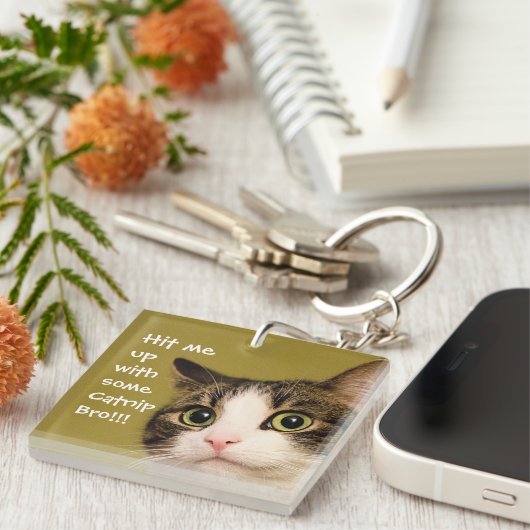 Funny Cat Photo Catnip Caption Sleutelhanger (Voorkant Rechts)