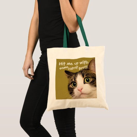 Funny Cat Photo Catnip Caption Tote Bag (Voorkant (product))