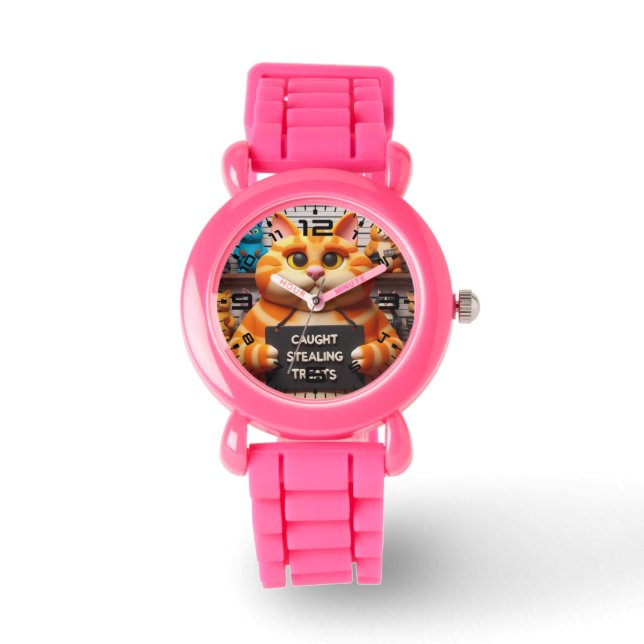 Funny Cat Pink Kinder horloge (Voorkant)