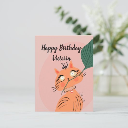 Funny Cat Plant Leaf Cartoon Birthday Briefkaart (Staand voorkant)