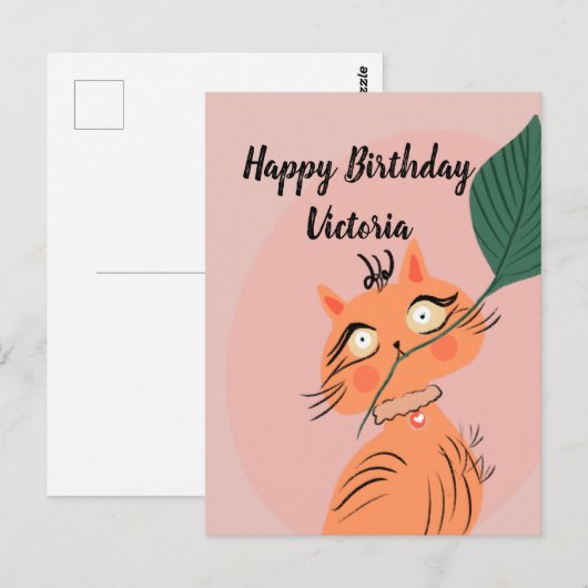 Funny Cat Plant Leaf Cartoon Birthday Briefkaart (Voorkant / Achterkant)