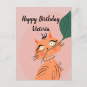 Funny Cat Plant Leaf Cartoon Birthday Briefkaart (Voorkant)