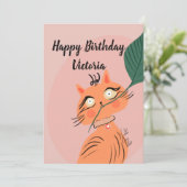 Funny Cat Plant Leaf Cartoon Birthday Kaart (Staand voorkant)