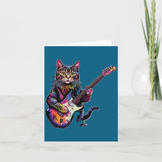 Funny Cat Playing Guitar Rock And Roll Men Women K Kaart (Voorkant)