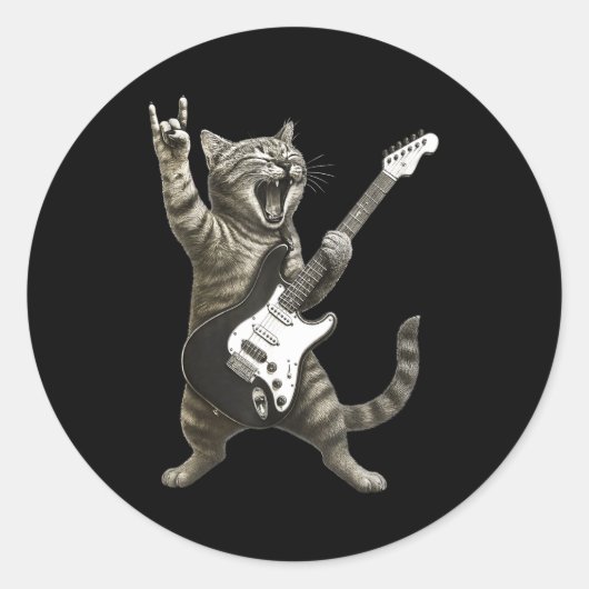 Funny Cat Playing Guitar Rock And Roll Men Women K Ronde Sticker (Voorkant)