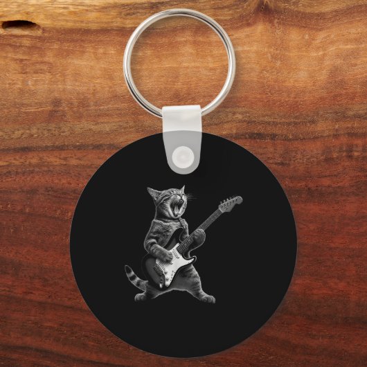 Funny Cat Playing Guitar Rock And Roll Men Women K Sleutelhanger (Voorkant)