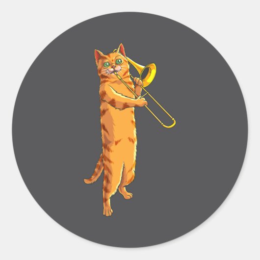Funny Cat Playing Trombone Gift Cool Kitten Musici Ronde Sticker (Voorkant)