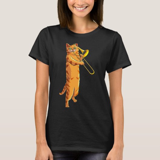 Funny Cat Playing Trombone Gift Cool Kitten Musici T-shirt (Voorkant)