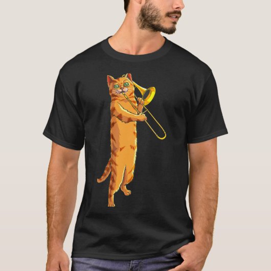 Funny Cat Playing Trombone Gift Cool Kitten Musici T-shirt (Voorkant)