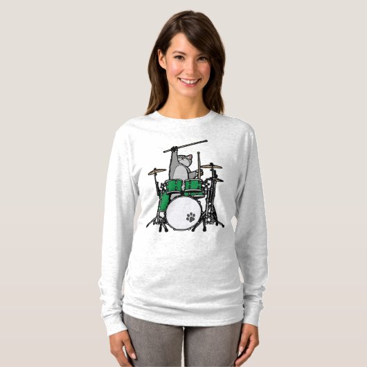 Funny Cat Plays Drums, Cat Drummer T-shirt (Voorkant volledig)