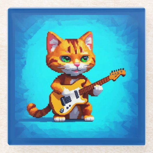 Funny Cat Plays Guitar Glazen Onderzetter (Voorkant)