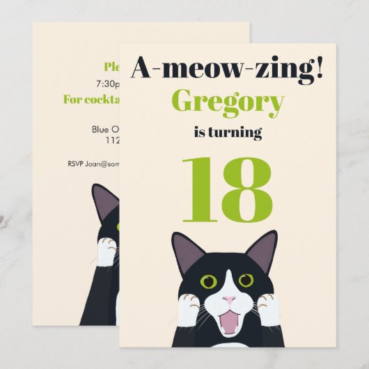 Funny cat pun 18e verjaardagsfeest uitnodiging (Voorkant / Achterkant)