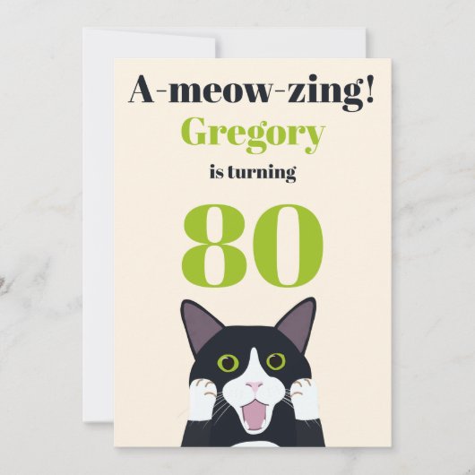 Funny cat pun uitnodiging voor een 80e verjaardag (Voorkant)