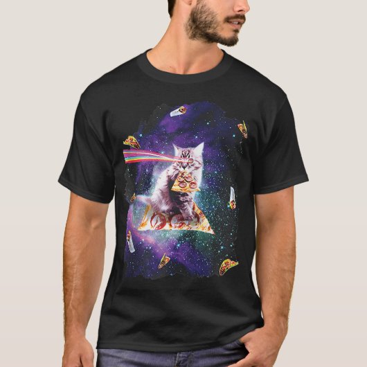 Funny Cat Rainbow Laser Eyes Riding Pizza Astronau T-shirt (Voorkant)