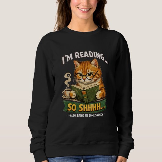 Funny Cat Reading Book Black Sweatshirt | Retro (Voorkant)