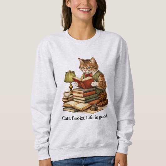 Funny Cat Reading Books Sweatshirt – Retro Design (Voorkant)