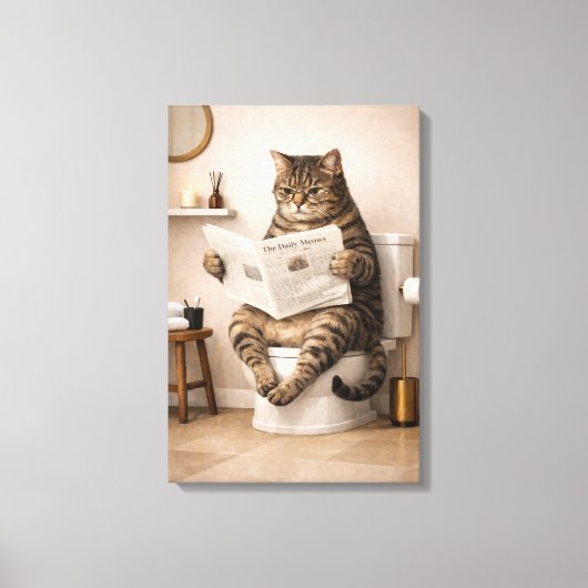 Funny Cat Reading Newspaper Bathroom Humor Canvas Afdruk (Voorkant)