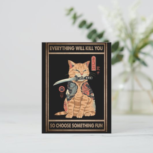 Funny Cat Samurai Alles zal je doden Briefkaart (Staand voorkant)
