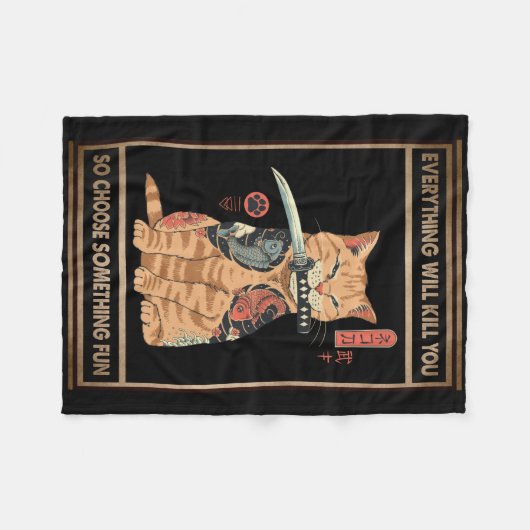 Funny Cat Samurai Alles zal je doden Fleece Deken (Voorkant (Horizontaal))