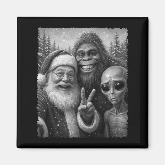 Funny Cat Santa Bigfoot Alien Christmas Selfie Tee Magneet (Voorkant)