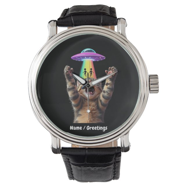 Funny Cat Selfie Alien UFO Hilarisch  Horloge (Voorkant)