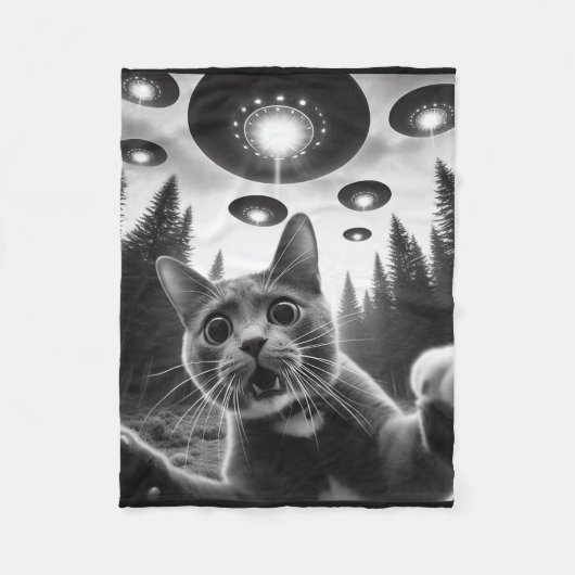 Funny Cat Selfie met UFO's Alien Cat Selfie Mannen Fleece Deken (Voorkant)