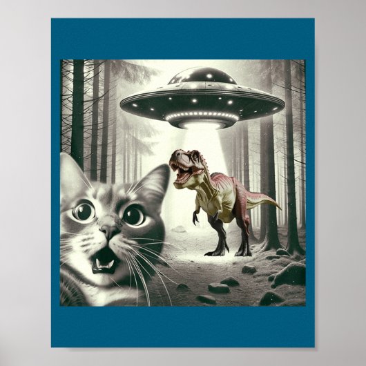 Funny Cat Selfie With Alien Ufo And T-rex Dinosaur Poster (Voorkant)