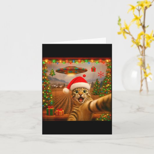 Funny Cat Selfie With Alien Ufo Christmas Lights S Kaart (Gele Bloem)