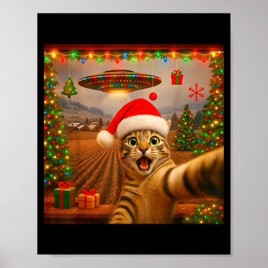 Funny Cat Selfie With Alien Ufo Christmas Lights S Poster (Voorkant)