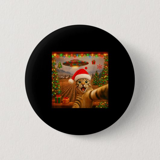 Funny Cat Selfie With Alien Ufo Christmas Lights S Ronde Button 5,7 Cm (Voorkant)