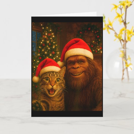 Funny Cat Selfie With Bigfoot Christmas Sasquatch  Kaart (Gele Bloem)