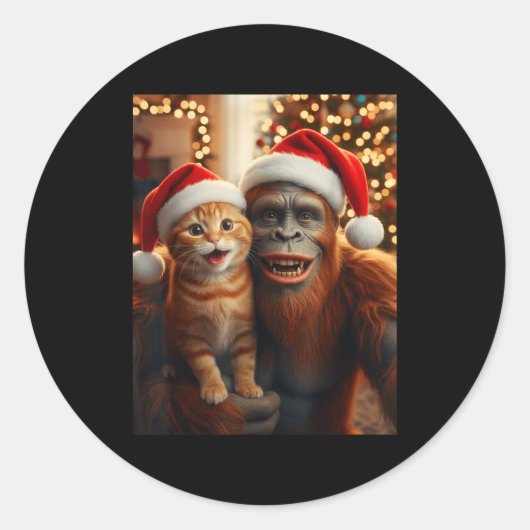 Funny Cat Selfie With Bigfoot Christmas Sasquatch Ronde Sticker (Voorkant)