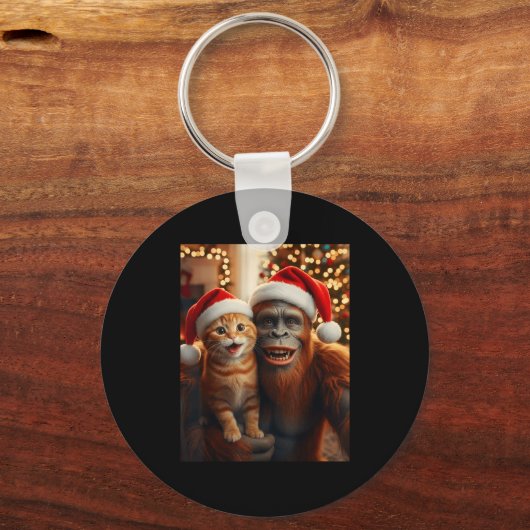 Funny Cat Selfie With Bigfoot Christmas Sasquatch  Sleutelhanger (Voorkant)